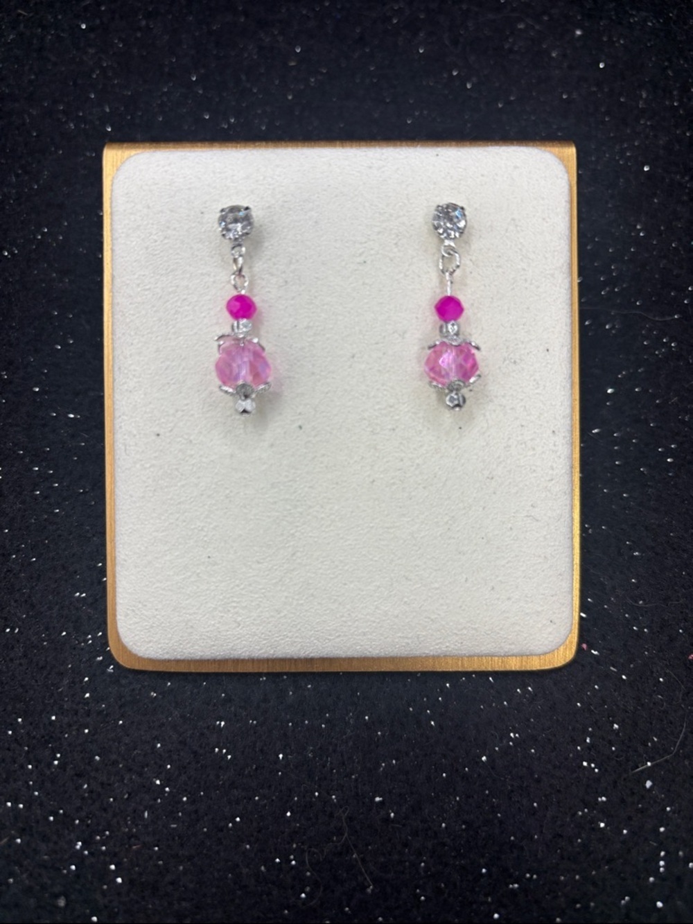 Silver Tone Pink Crystal Beaded Dangle Earrings